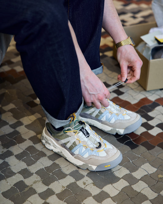 Flower Mountain Iwano 2 L.E. Waterproof Suede Nylon 10th Capsule Taupe / Grey / Sage in store lifestyle