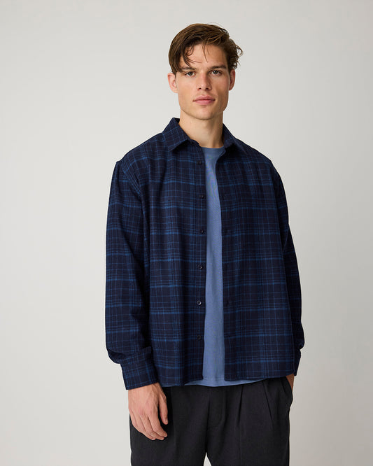 Knowledge Cotton Apparel Dune Regular Merino Check Shirt Navy