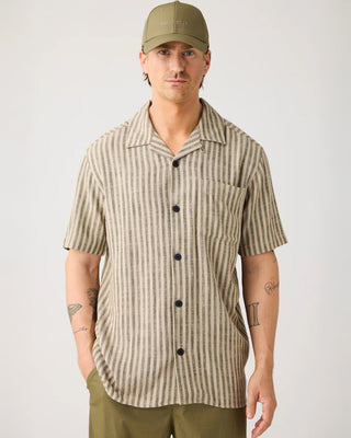 Knowledge Cotton Apparel Relaxed Linen Blend Short Sleeve Shirt Green Stripe
