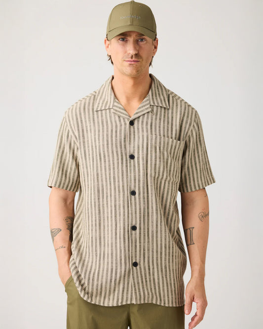 Knowledge Cotton Apparel Relaxed Linen Blend Short Sleeve Shirt Green Stripe
