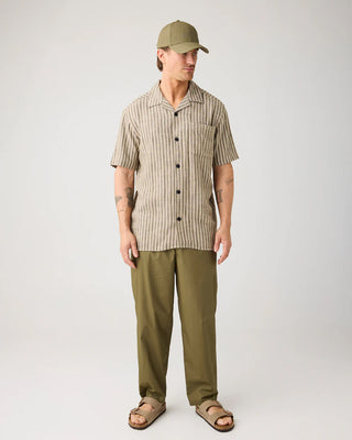 Knowledge Cotton Apparel Relaxed Linen Blend Short Sleeve Shirt Green Stripe