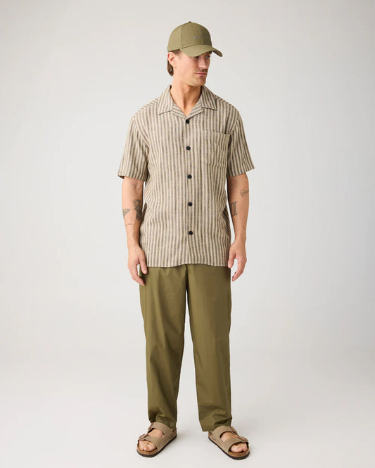 Knowledge Cotton Apparel Relaxed Linen Blend Short Sleeve Shirt Green Stripe
