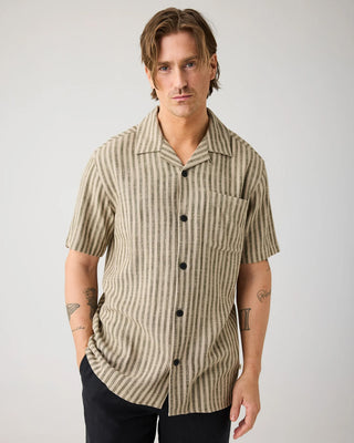 Knowledge Cotton Apparel Relaxed Linen Blend Short Sleeve Shirt Green Stripe