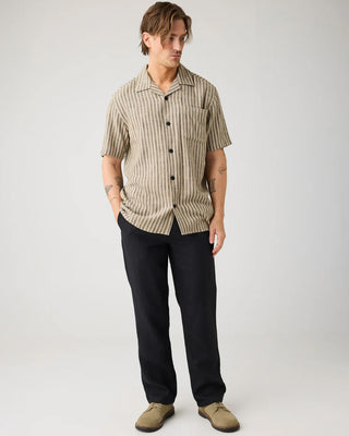 Knowledge Cotton Apparel Relaxed Linen Blend Short Sleeve Shirt Green Stripe
