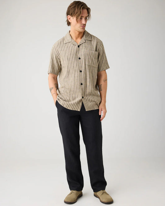 Knowledge Cotton Apparel Relaxed Linen Blend Short Sleeve Shirt Green Stripe