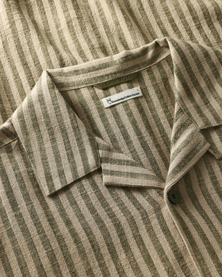 Knowledge Cotton Apparel Relaxed Linen Blend Short Sleeve Shirt Green Stripe