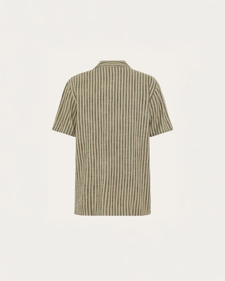 Knowledge Cotton Apparel Relaxed Linen Blend Short Sleeve Shirt Green Stripe