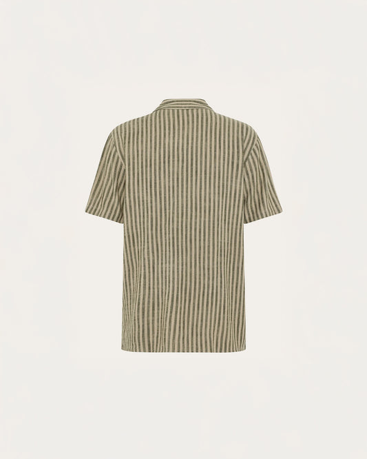 Knowledge Cotton Apparel Relaxed Linen Blend Short Sleeve Shirt Green Stripe