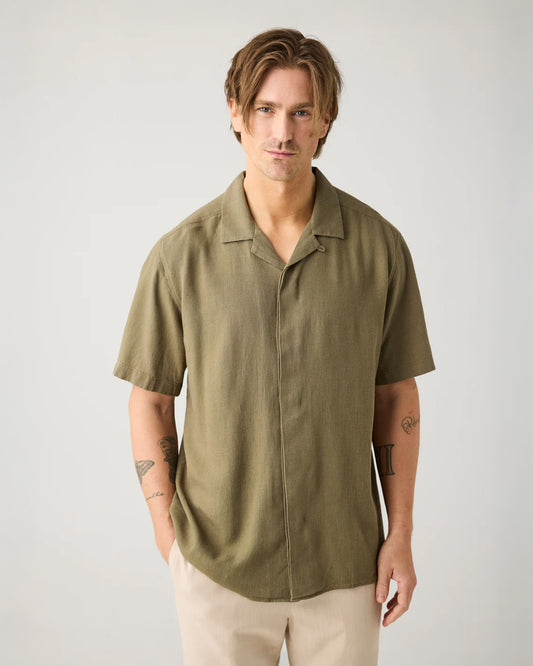 KnowledgeCotton Apparel Relaxed Linen Short Sleeve Shirt Burned Olive
