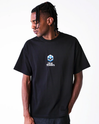 Blue Flowers Flower T-Shirt Black
