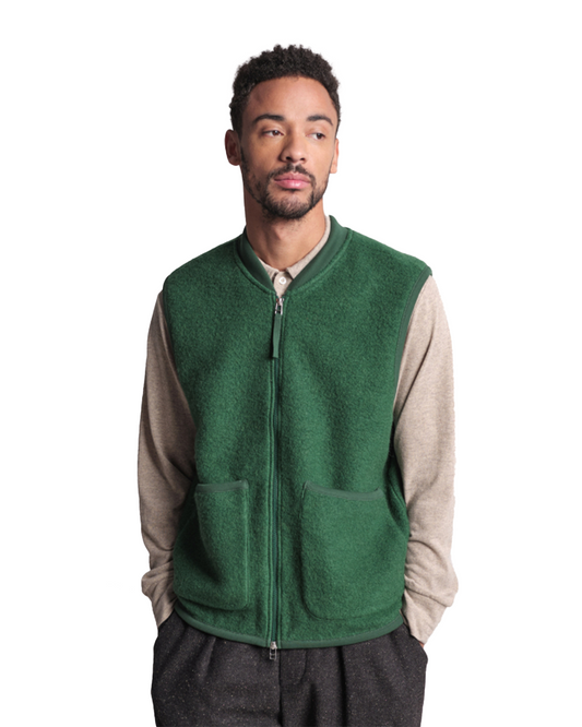 Universal Works Zip Waistcoat Wool Fleece Green